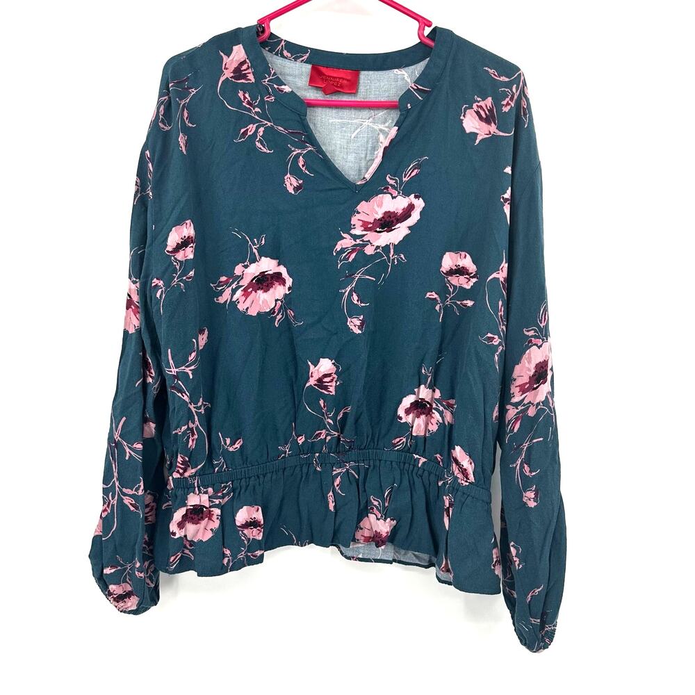 Jennifer Lopez Size Large Blouse Blue Floral Cinched V Neck Long Sleeve Cottage